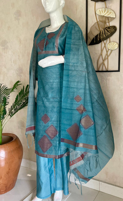 Turquoise Blue Tussar Silk Kurta Set