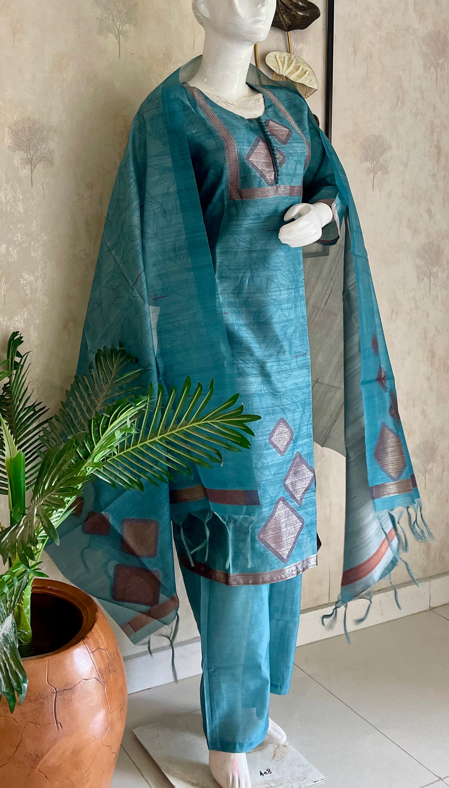 Turquoise Blue Tussar Silk Kurta Set