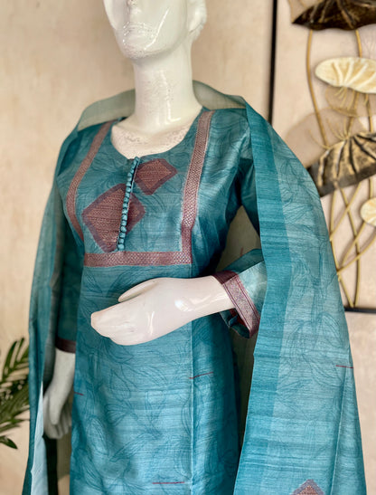 Turquoise Blue Tussar Silk Kurta Set