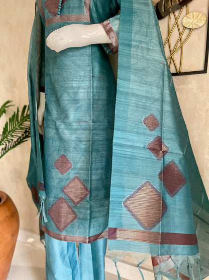 Turquoise Blue Tussar Silk Kurta Set