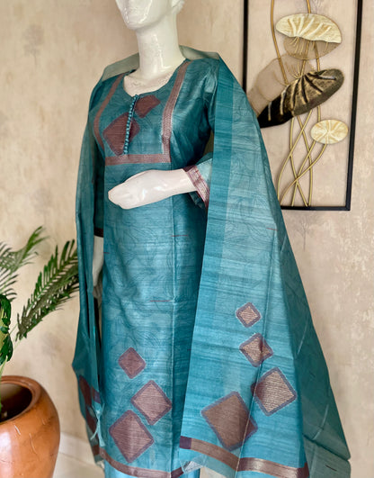 Turquoise Blue Tussar Silk Kurta Set