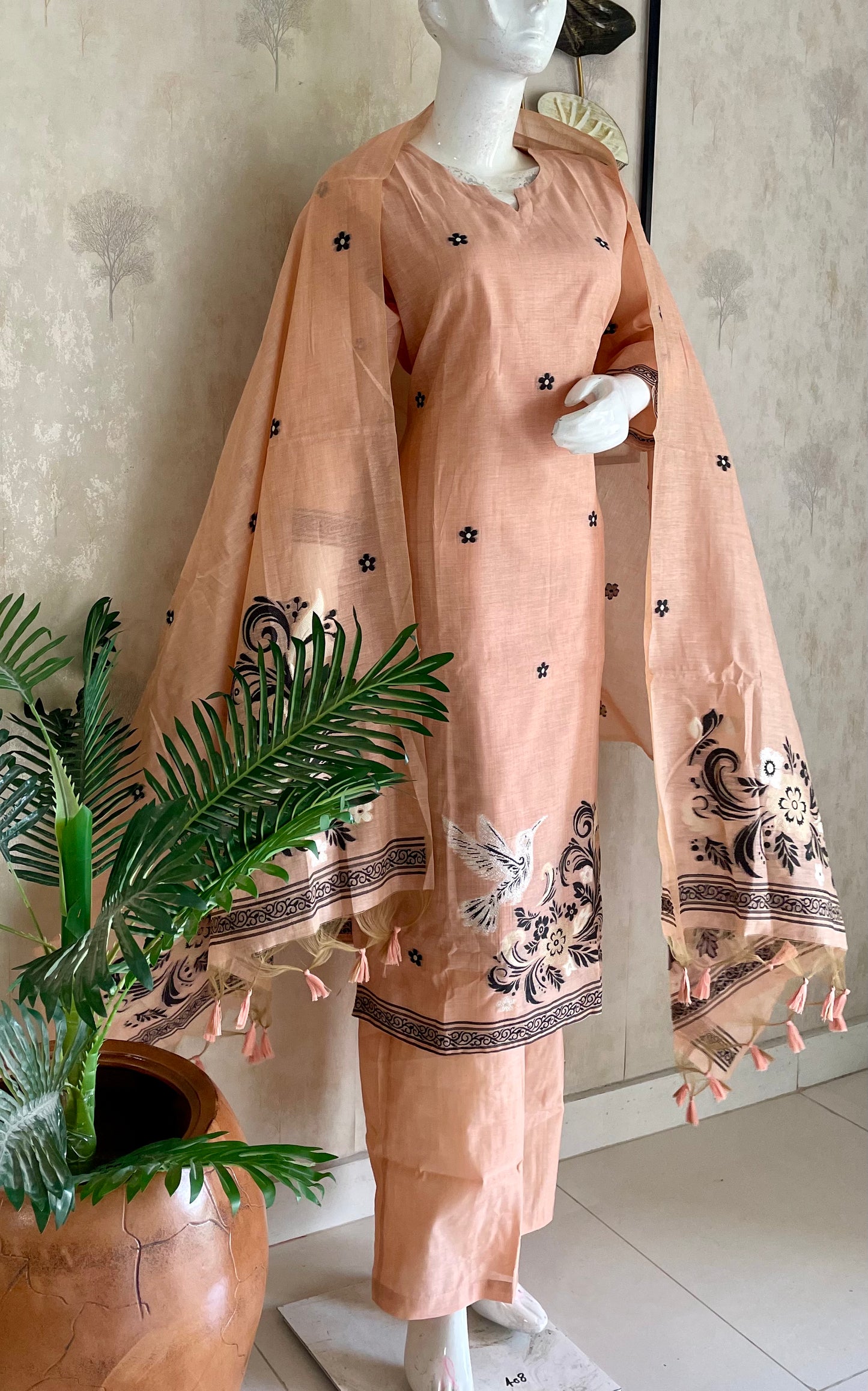 Peach Jamdani Kurta Set