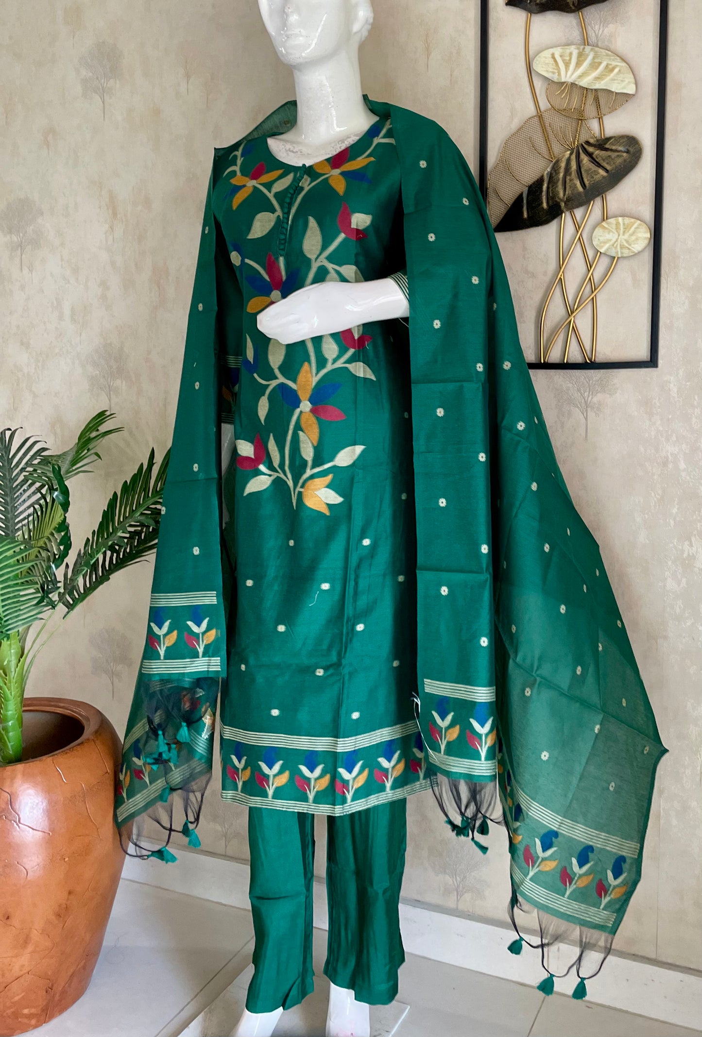 Emerald Green Moonga Cotton Paithani Jamdani Kurta Set