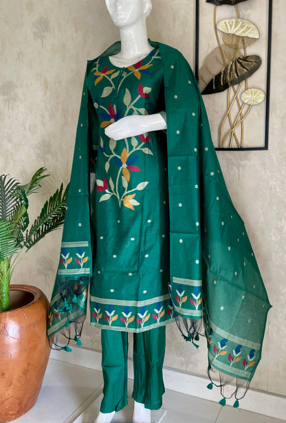 Emerald Green Moonga Cotton Paithani Jamdani Kurta Set