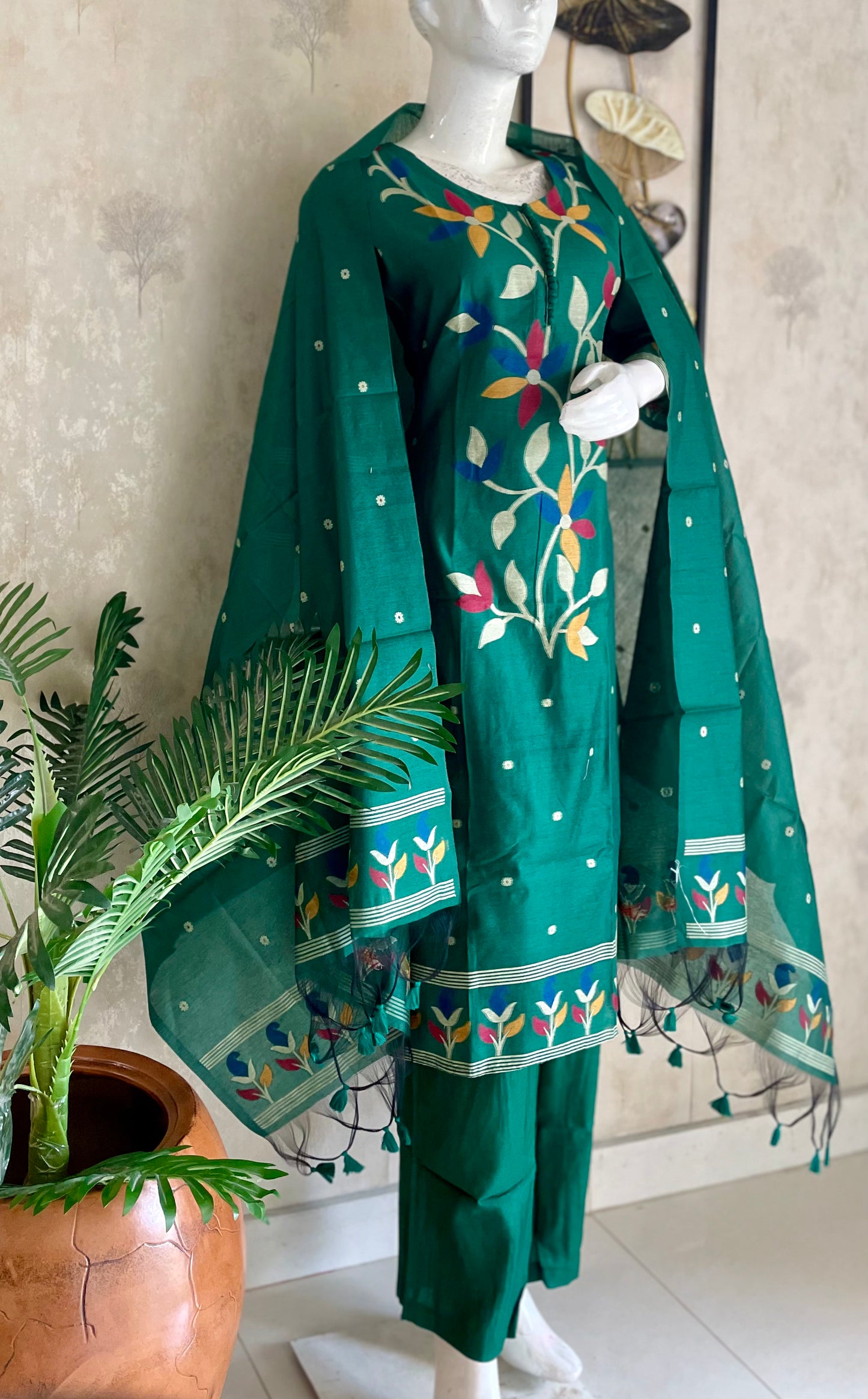 Emerald Green Moonga Cotton Paithani Jamdani Kurta Set