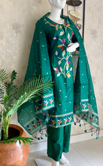 Emerald Green Moonga Cotton Paithani Jamdani Kurta Set