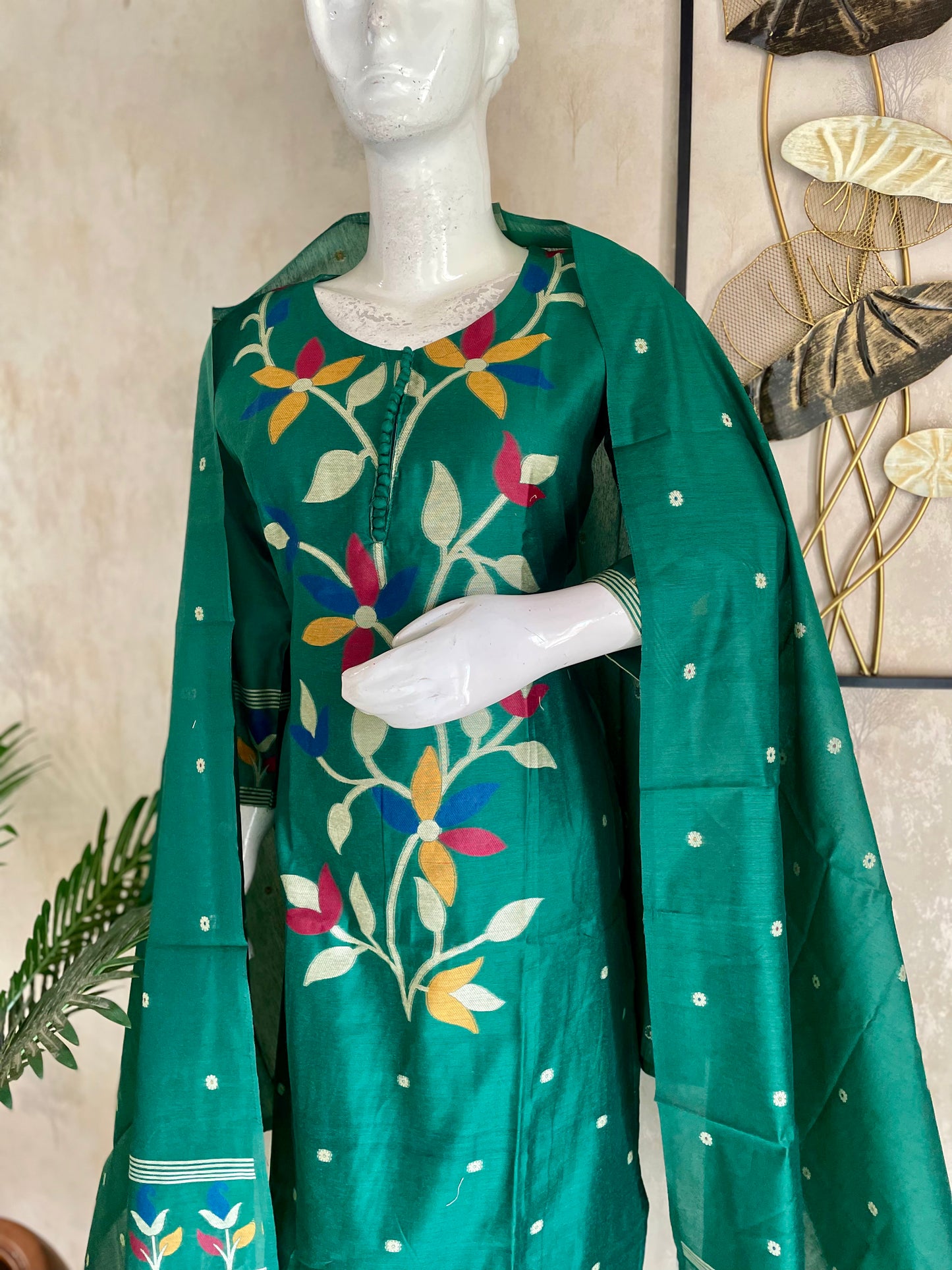 Emerald Green Moonga Cotton Paithani Jamdani Kurta Set