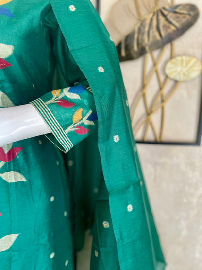 Emerald Green Moonga Cotton Paithani Jamdani Kurta Set