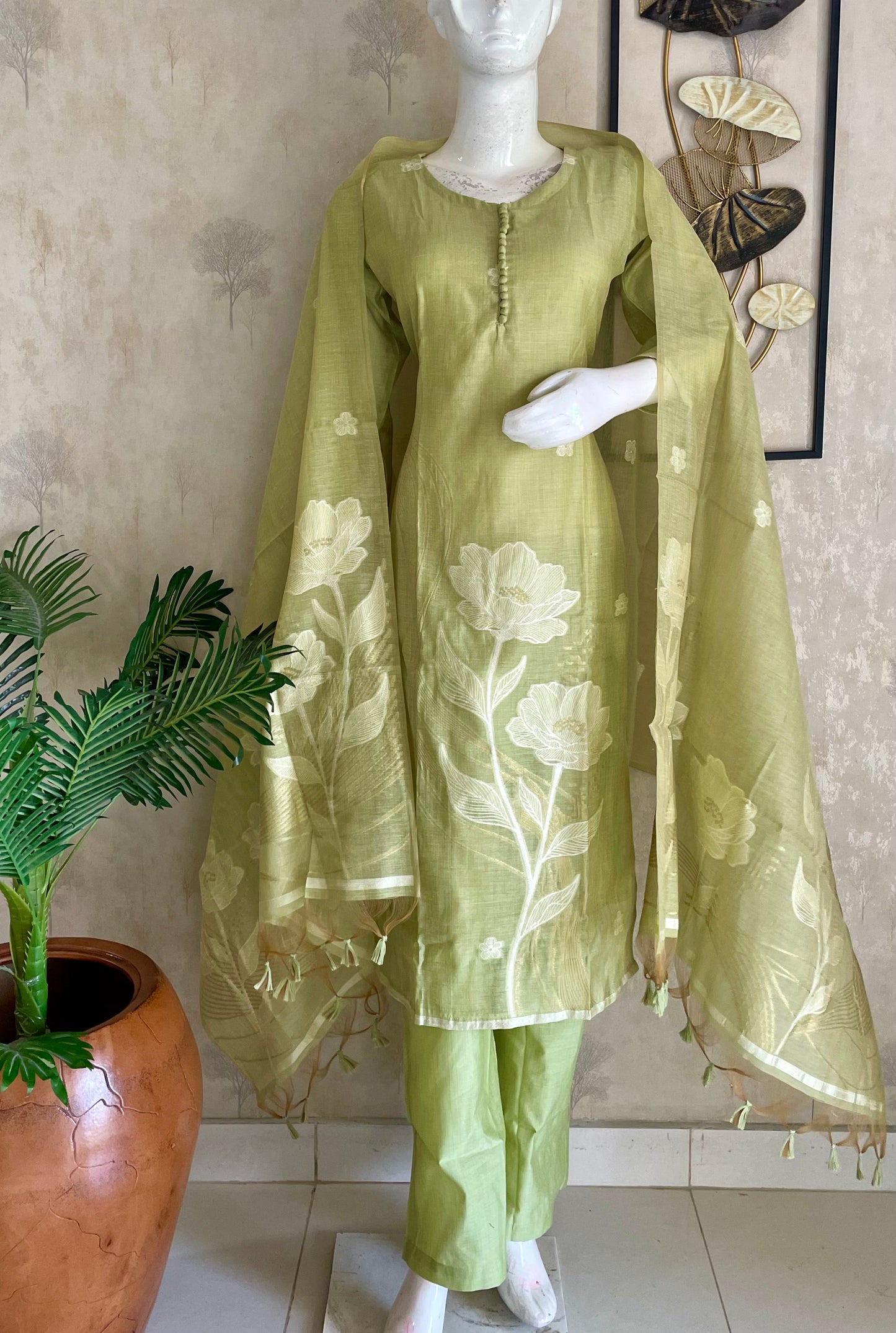 Lime Green Moonga Cotton Kurta Set