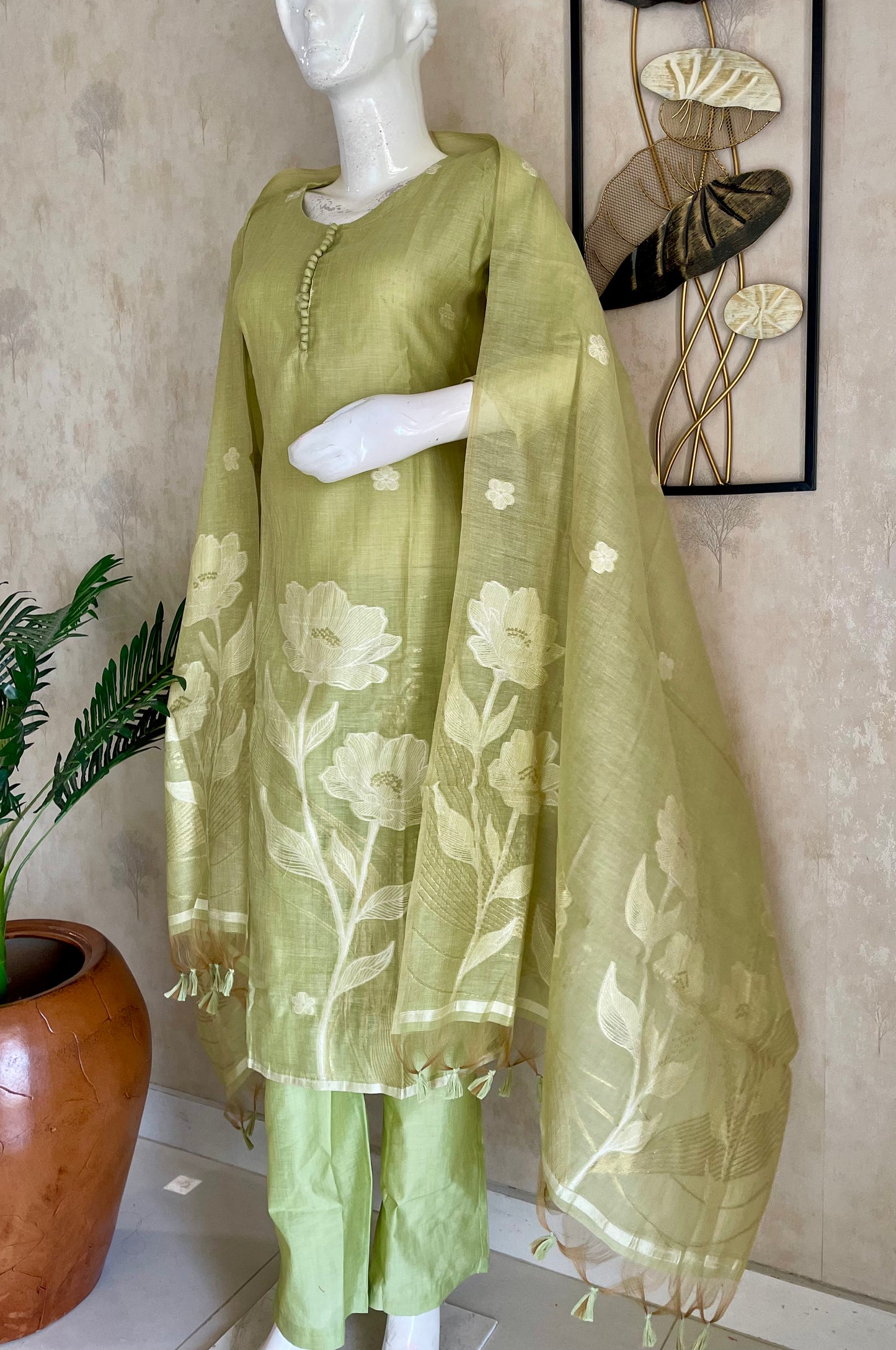 Lime Green Moonga Cotton Kurta Set