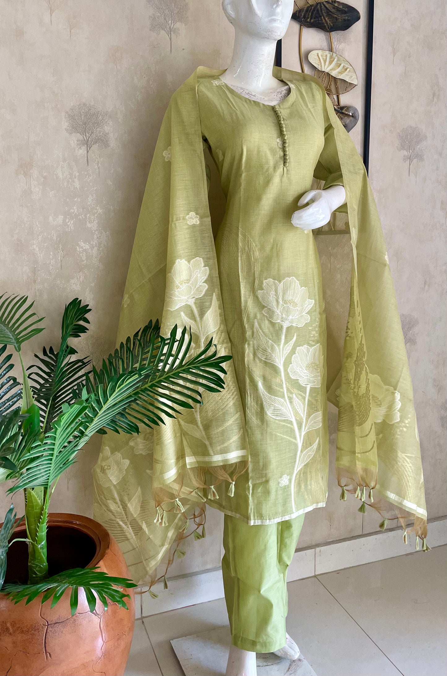 Lime Green Moonga Cotton Kurta Set
