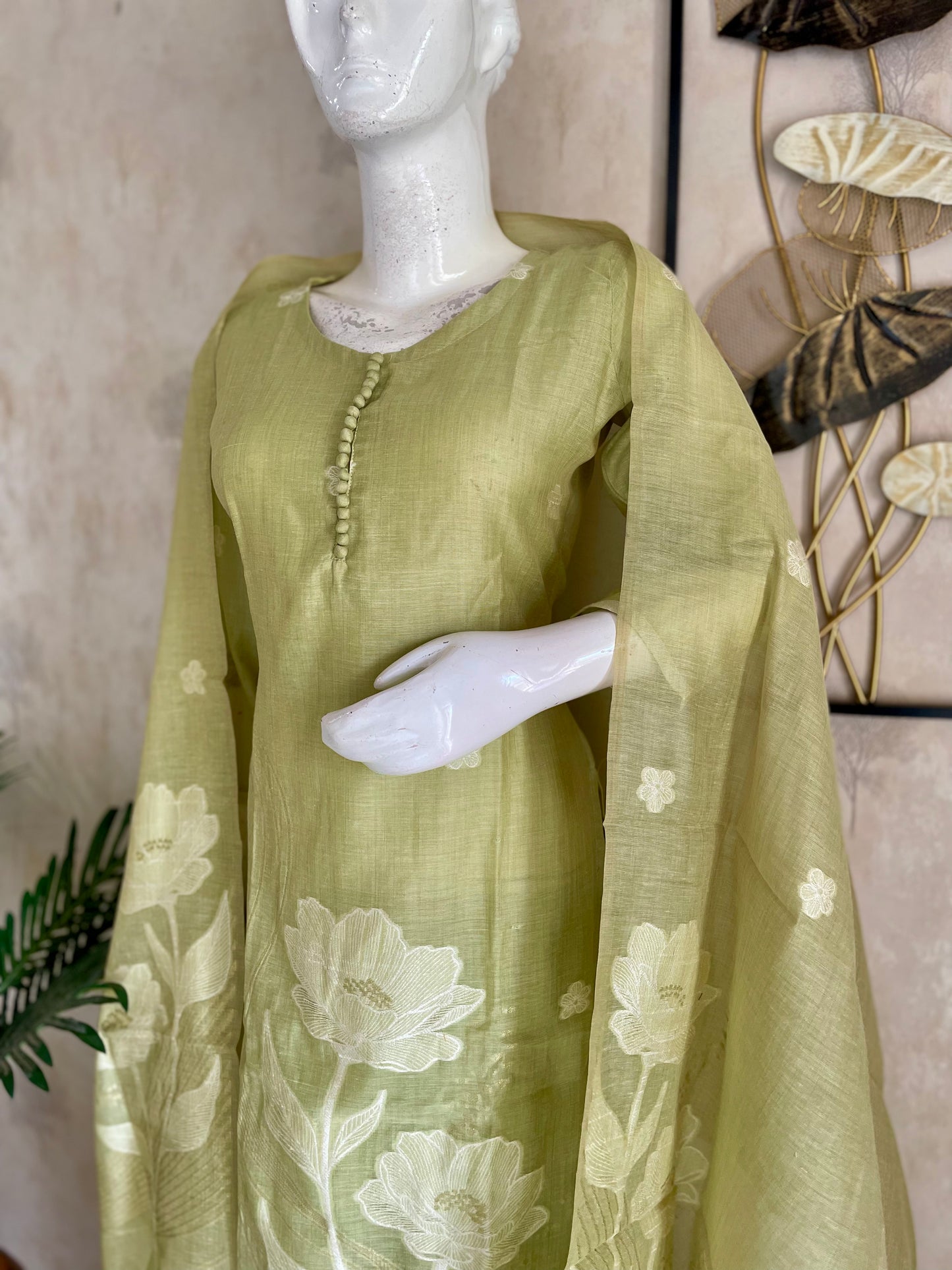Lime Green Moonga Cotton Kurta Set
