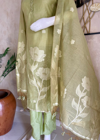 Lime Green Moonga Cotton Kurta Set