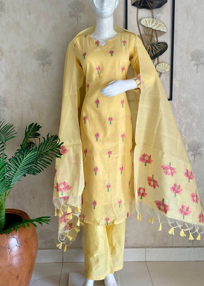 Yellow Moonga Cotton Kurta Set
