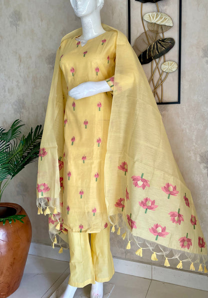 Yellow Moonga Cotton Kurta Set