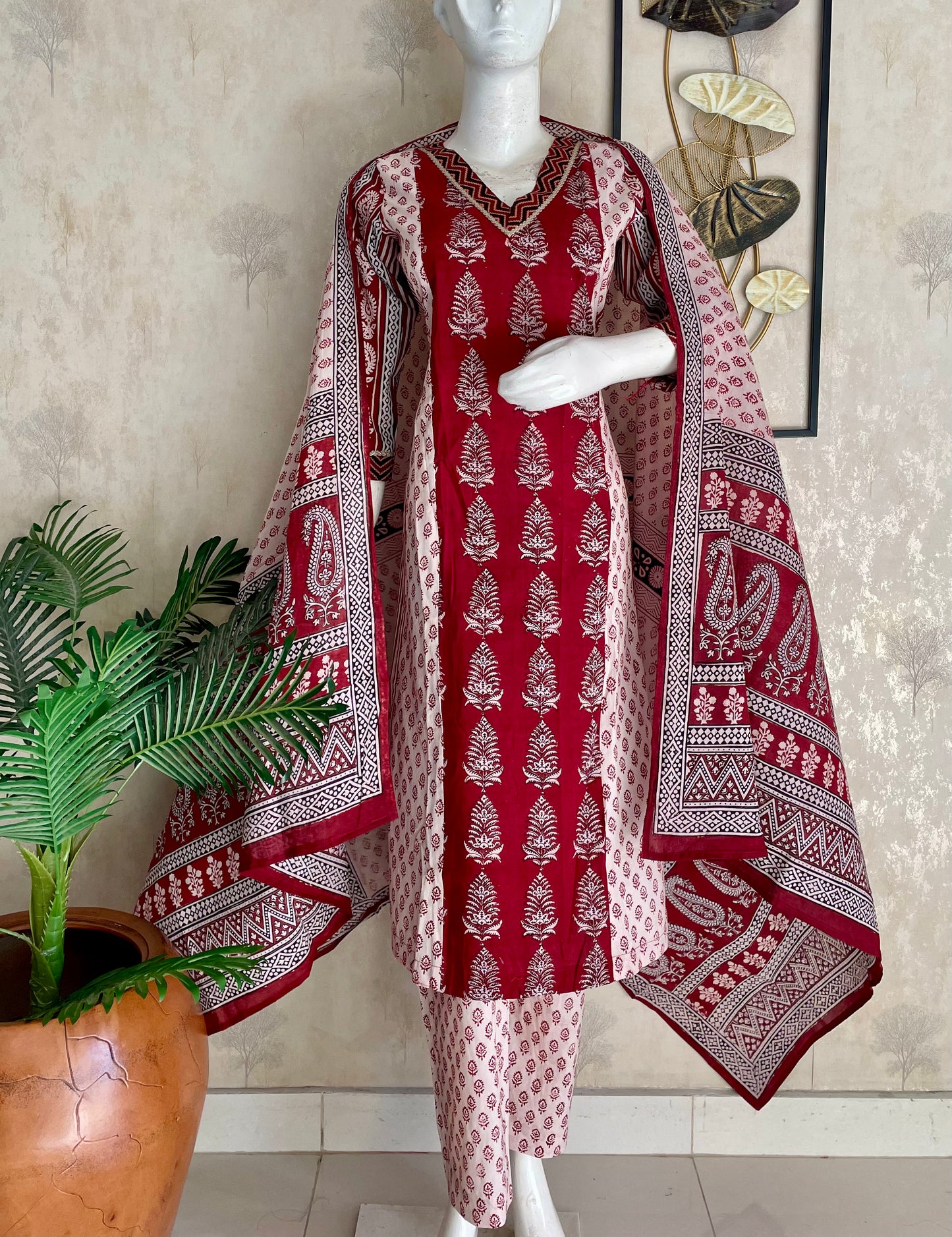 Mehroon & White Bagh Handblock A-Line Kurta Set