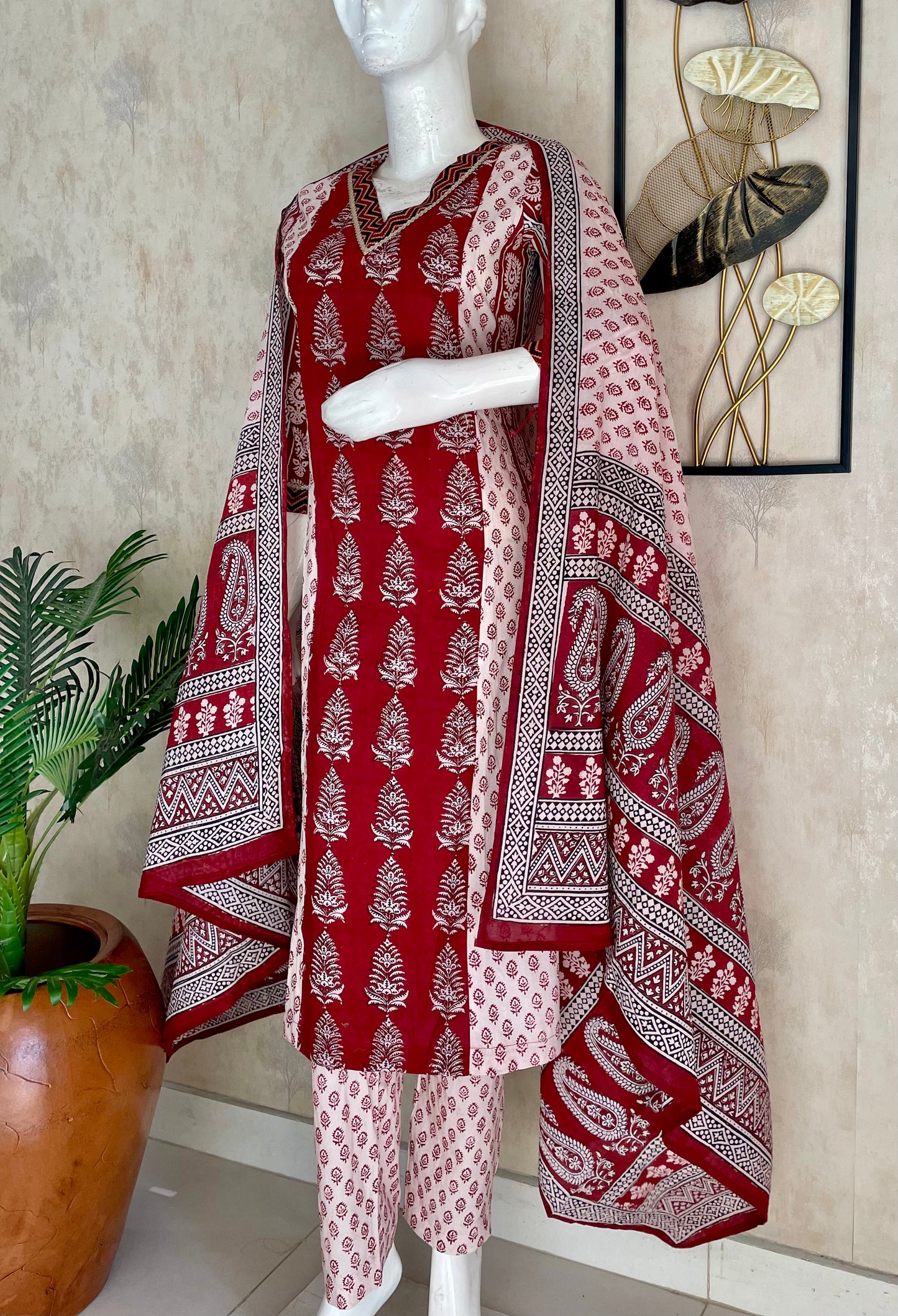 Mehroon & White Bagh Handblock A-Line Kurta Set