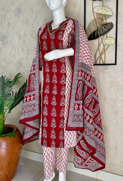 Mehroon & White Bagh Handblock A-Line Kurta Set