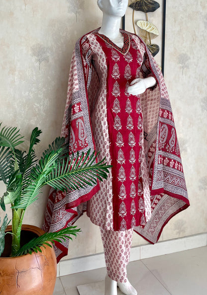 Mehroon & White Bagh Handblock A-Line Kurta Set