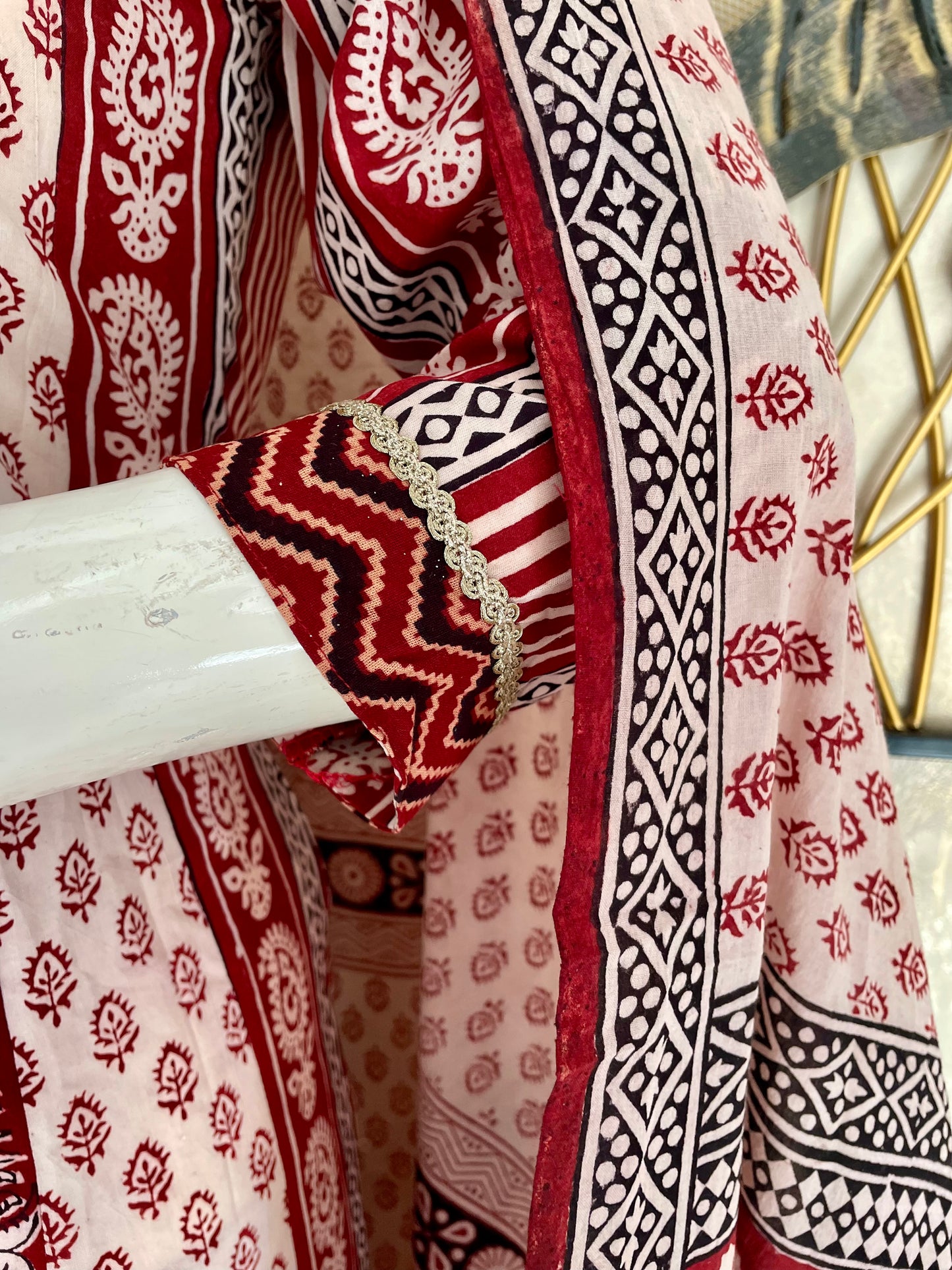 Mehroon & White Bagh Handblock A-Line Kurta Set