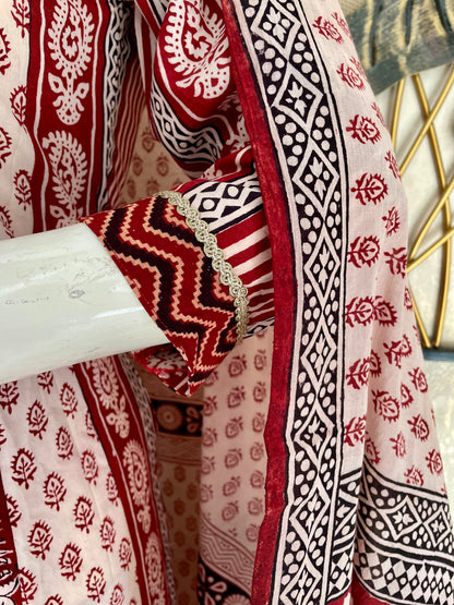 Mehroon & White Bagh Handblock A-Line Kurta Set