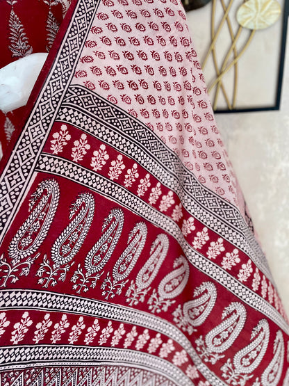 Mehroon & White Bagh Handblock A-Line Kurta Set