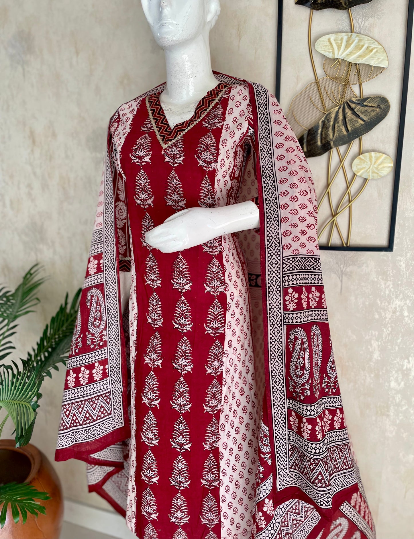 Mehroon & White Bagh Handblock A-Line Kurta Set