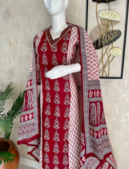 Mehroon & White Bagh Handblock A-Line Kurta Set