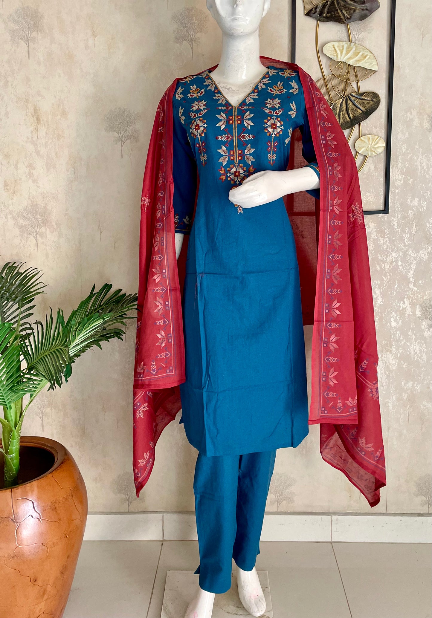 Electric Blue & Rust – Cross-Stitch Kurta Set