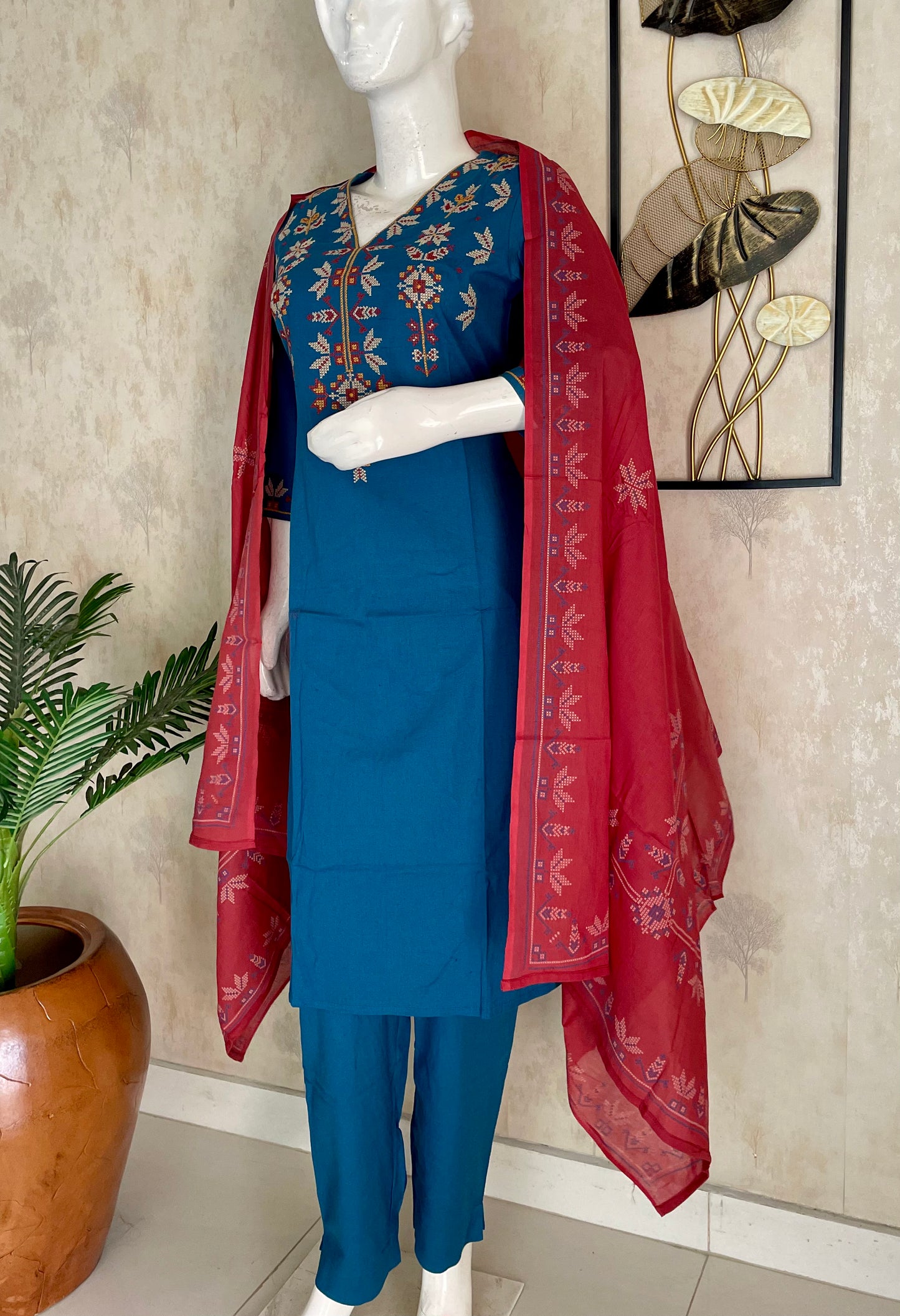 Electric Blue & Rust – Cross-Stitch Kurta Set