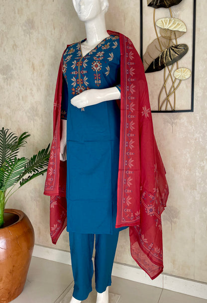 Electric Blue & Rust – Cross-Stitch Kurta Set