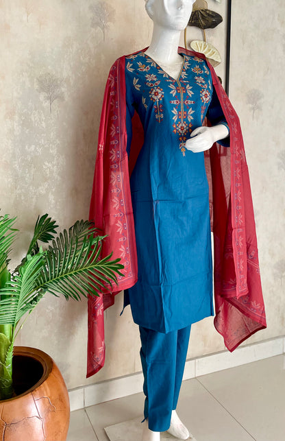 Electric Blue & Rust – Cross-Stitch Kurta Set