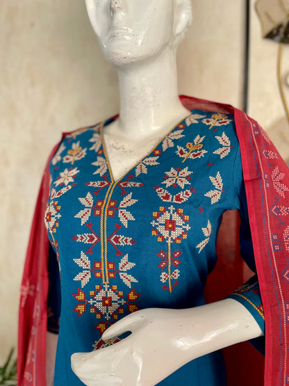 Electric Blue & Rust – Cross-Stitch Kurta Set