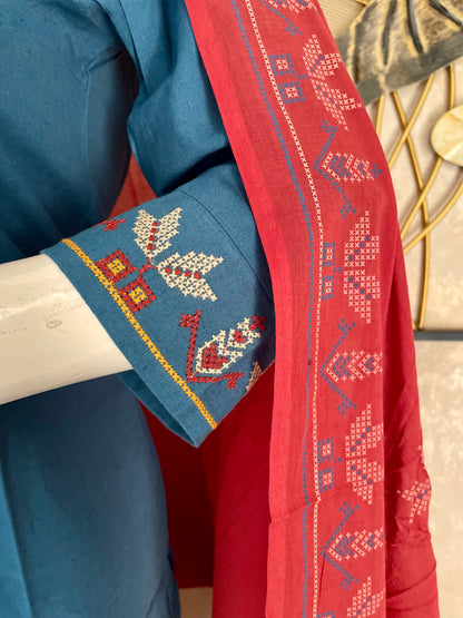 Electric Blue & Rust – Cross-Stitch Kurta Set