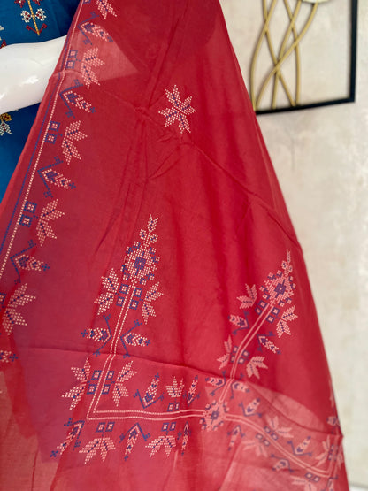 Electric Blue & Rust – Cross-Stitch Kurta Set
