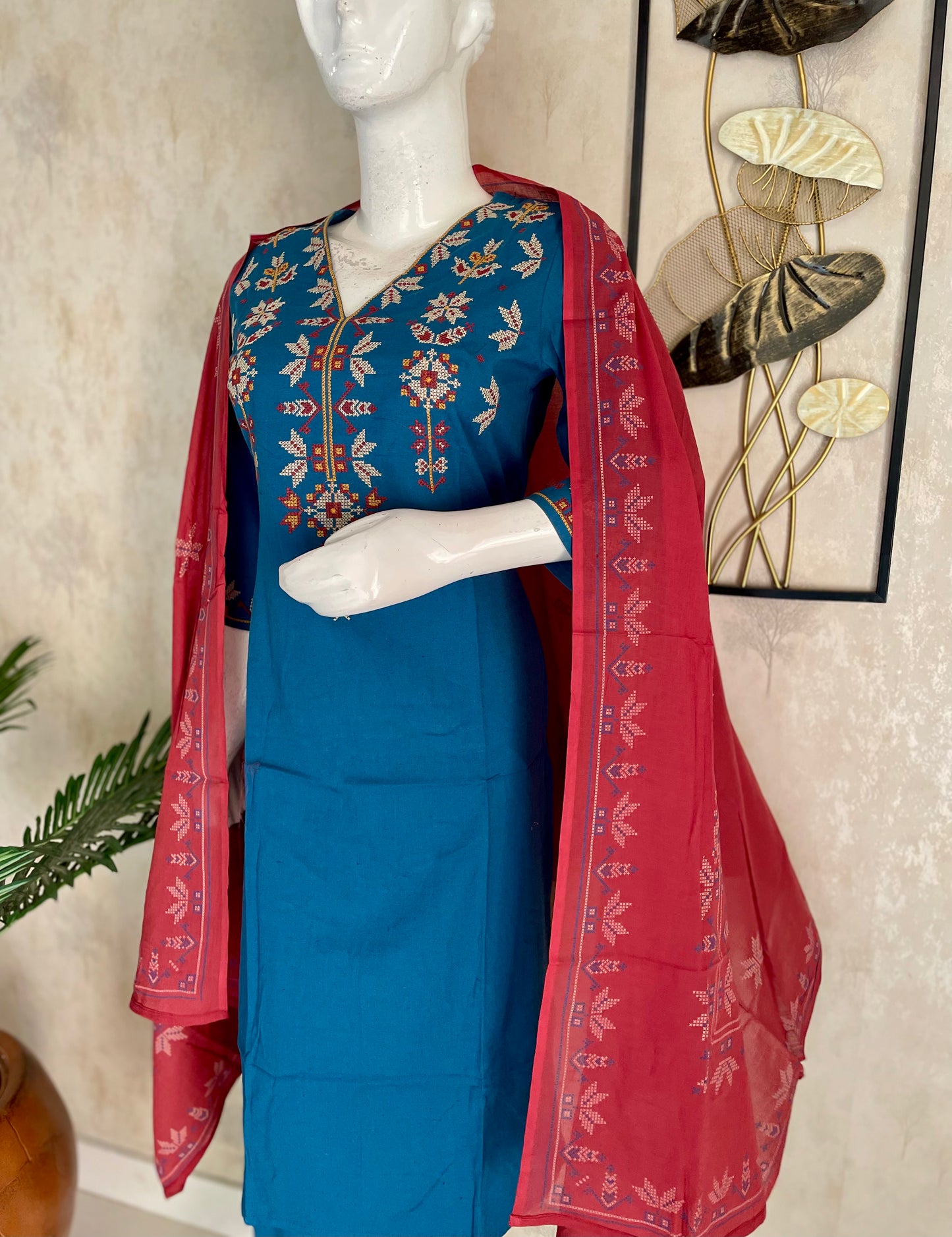 Electric Blue & Rust – Cross-Stitch Kurta Set