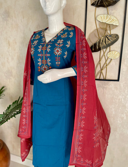 Electric Blue & Rust – Cross-Stitch Kurta Set
