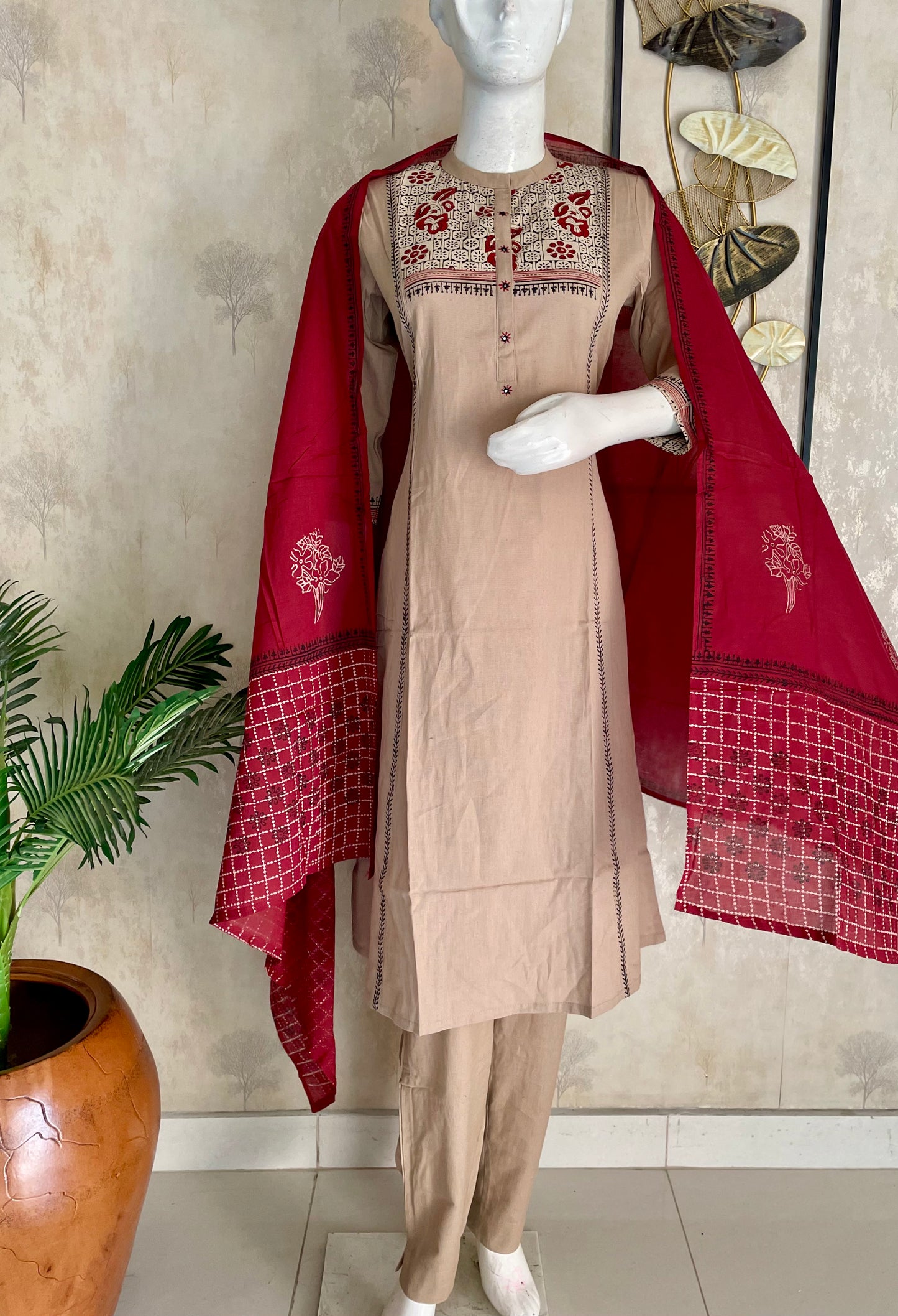 Beige & Mehroon Grace – Handloom Cotton A-Line Kurta Set