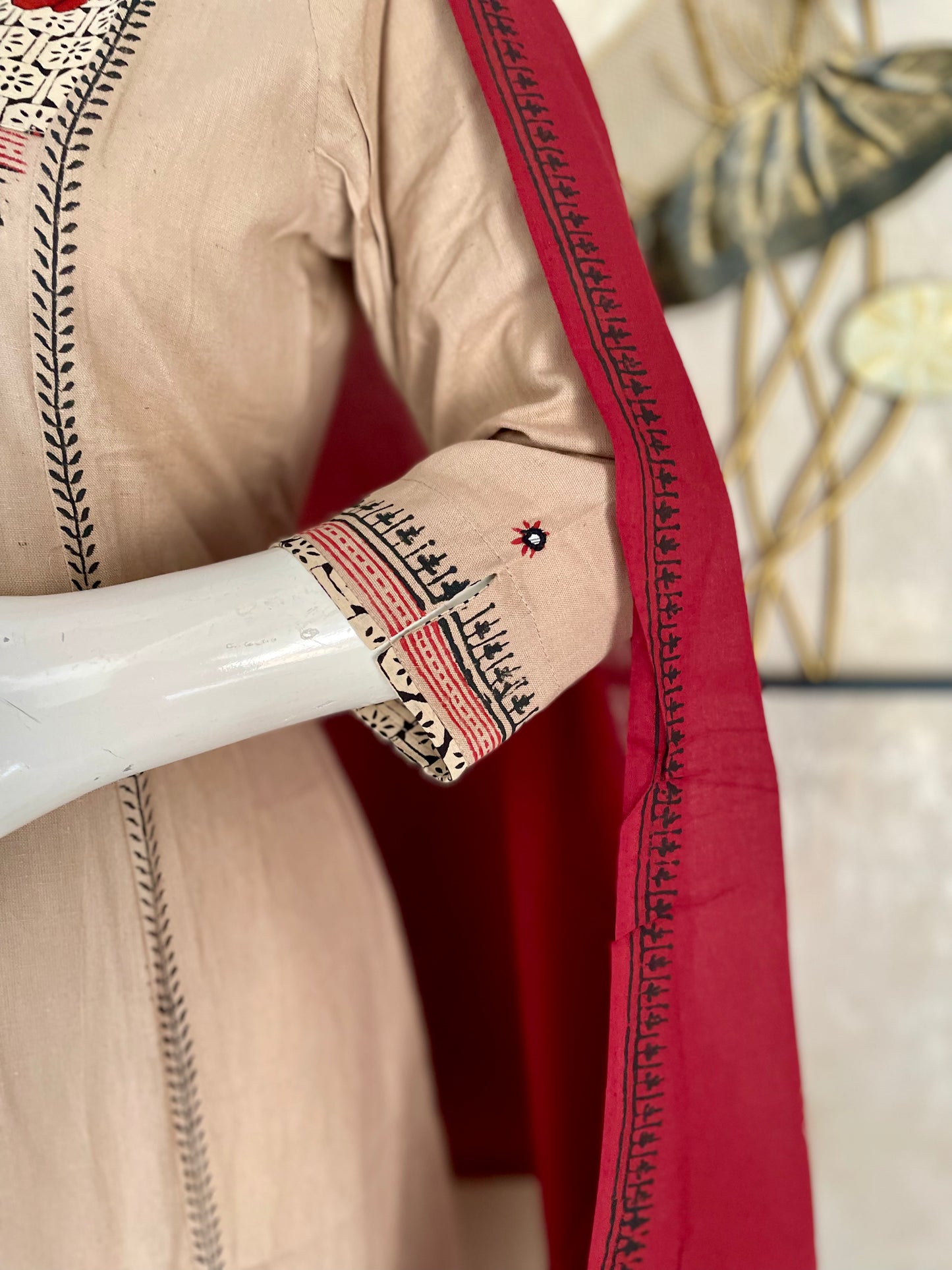 Beige & Mehroon Grace – Handloom Cotton A-Line Kurta Set