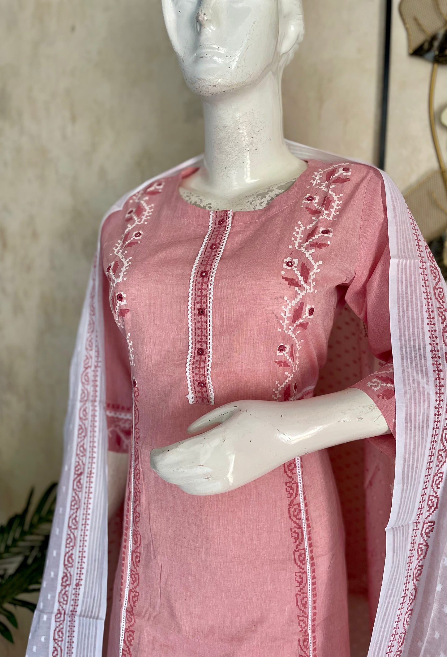 Pink & White Grace – Handblock A-Line Kurta Set