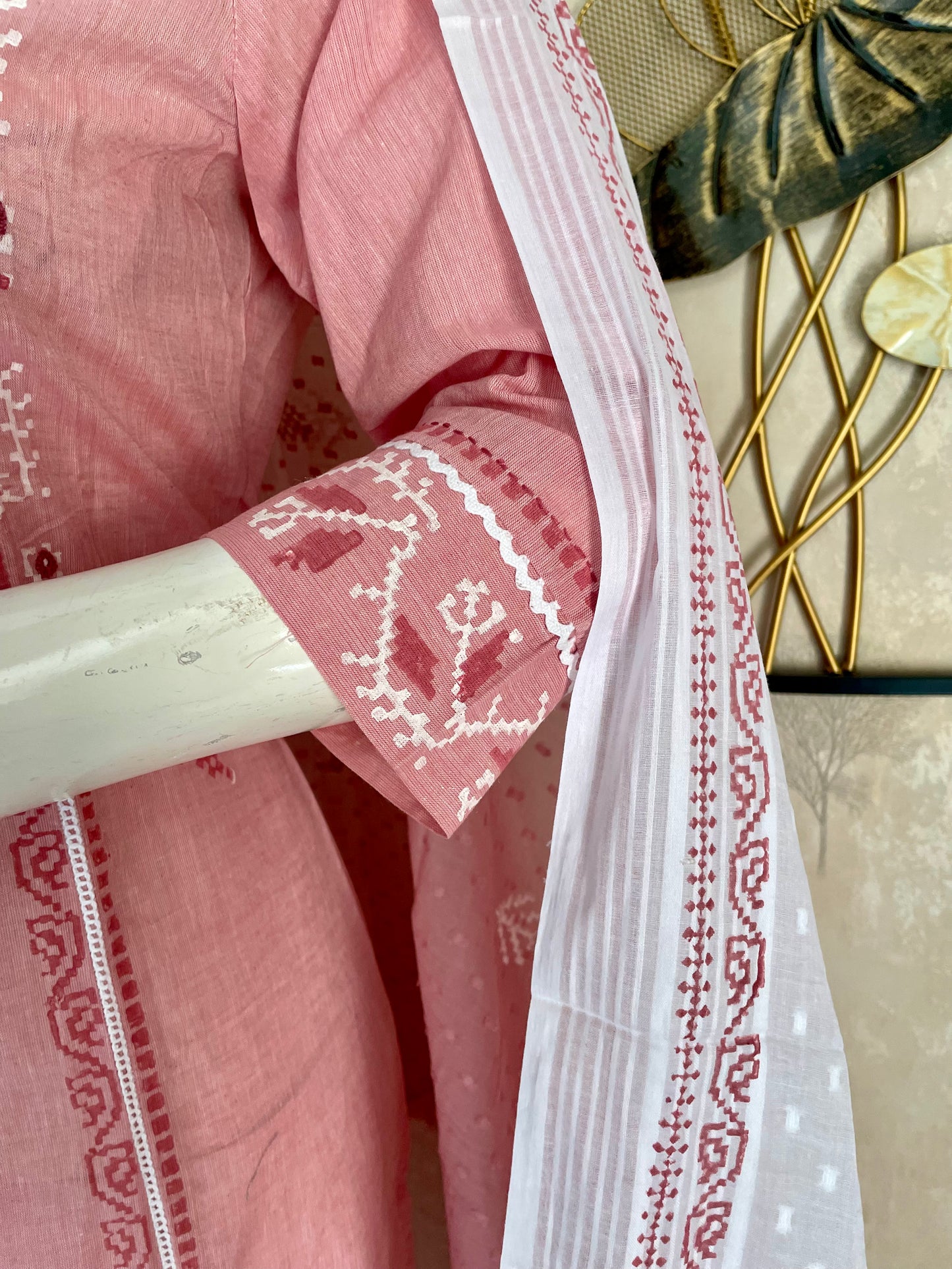 Pink & White Grace – Handblock A-Line Kurta Set