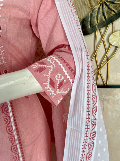 Pink & White Grace – Handblock A-Line Kurta Set