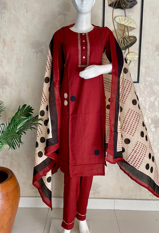 Rust Polka Grace – Handloom Cotton Kurta Set