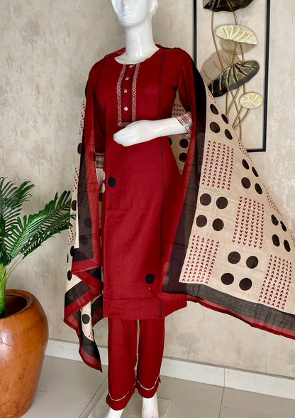 Rust Polka Grace – Handloom Cotton Kurta Set