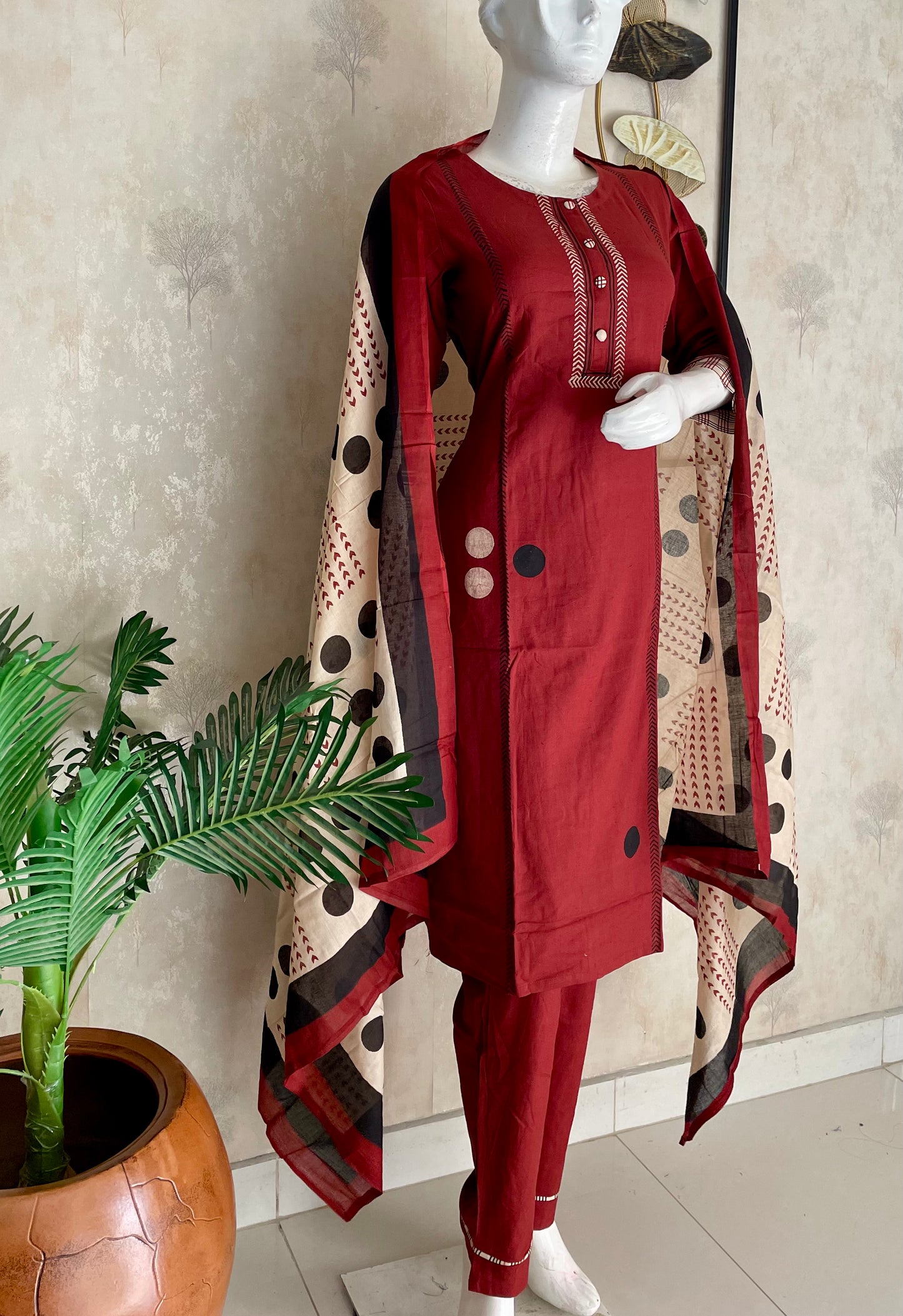 Rust Polka Grace – Handloom Cotton Kurta Set