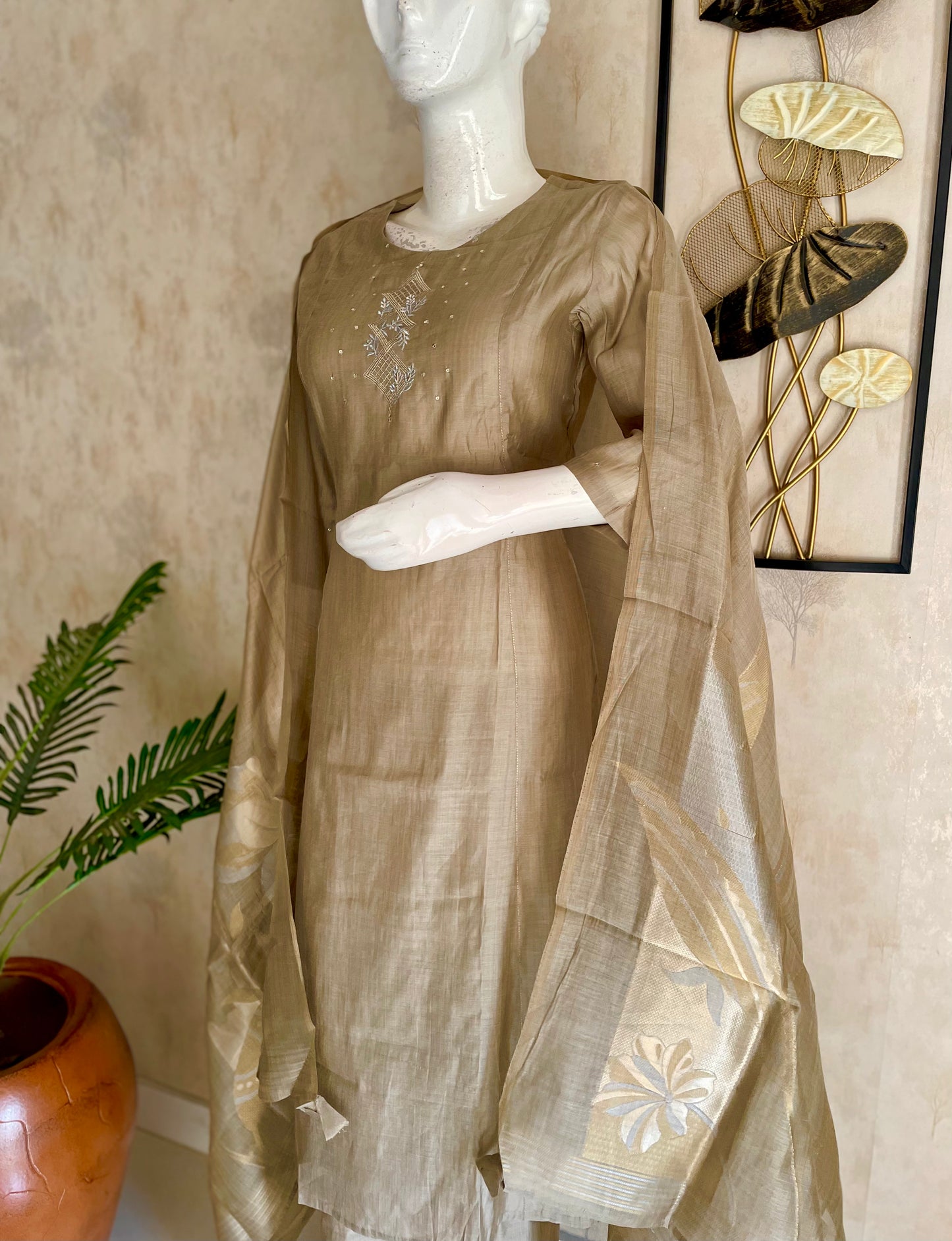 Golden Glow – Pure Banarasi Mul Chanderi A-Line Kurta Set