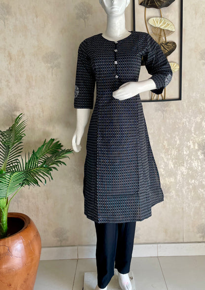 Black Handblock Grace – Handloom Cotton A-Line Kurta Set