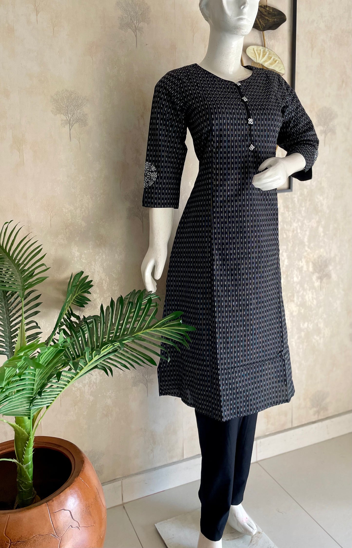 Black Handblock Grace – Handloom Cotton A-Line Kurta Set