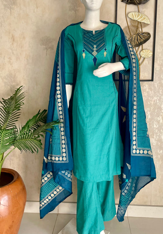 Aqua Blue Grace – Handblock A-Line Kurta Set