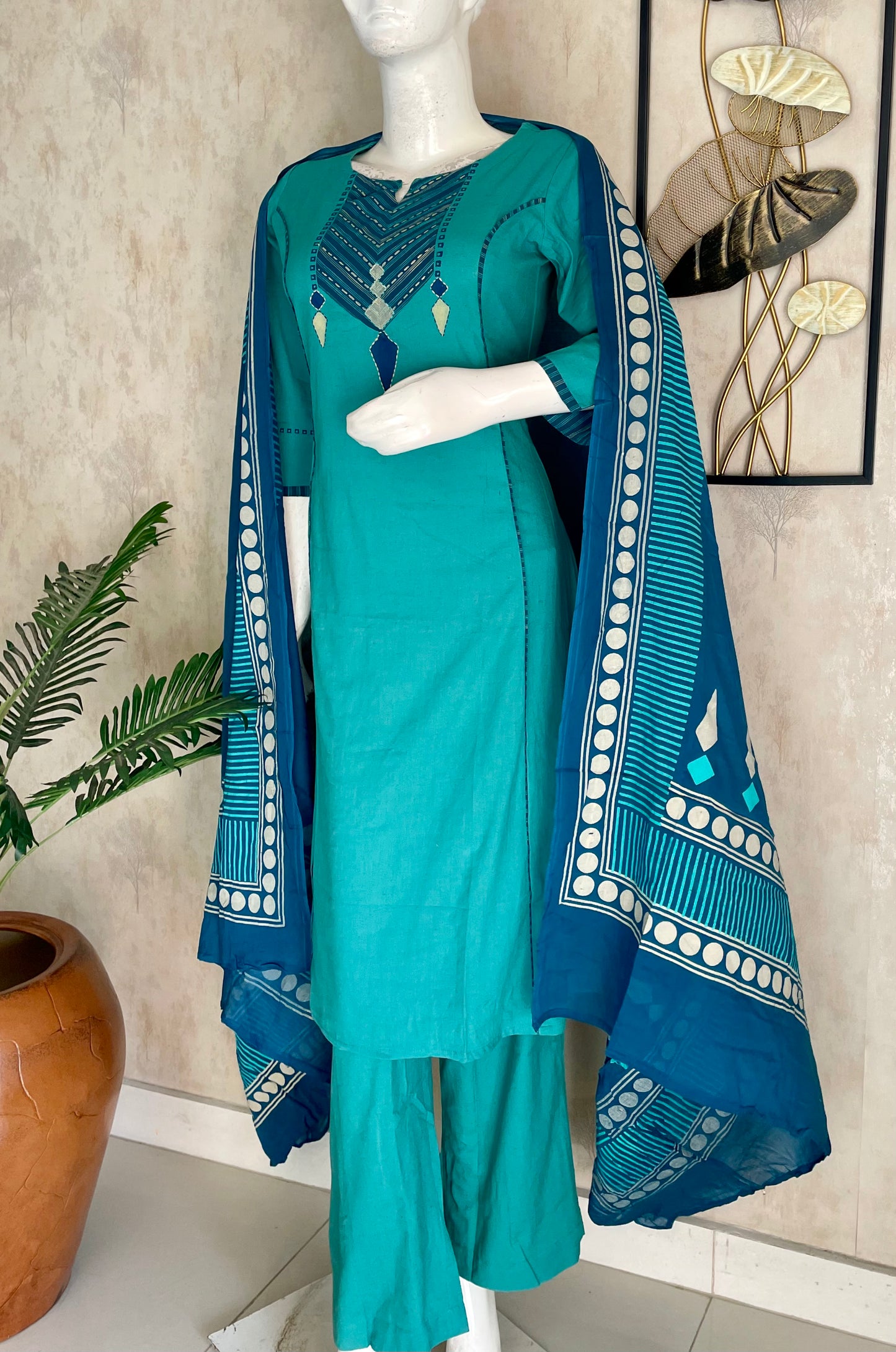 Aqua Blue Grace – Handblock A-Line Kurta Set
